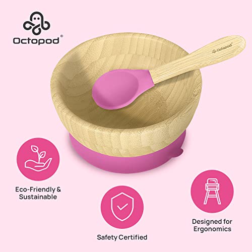 Abiie Beyond Junior Wooden High Chair With Tray (Mahogany Wood/Olive Cushion) And Octopod Bamboo Plates With Suction & Bamboo Bowl With Suction (Pink) - High Chair And Bamboo Plates And Bowl Bundle #TOP3