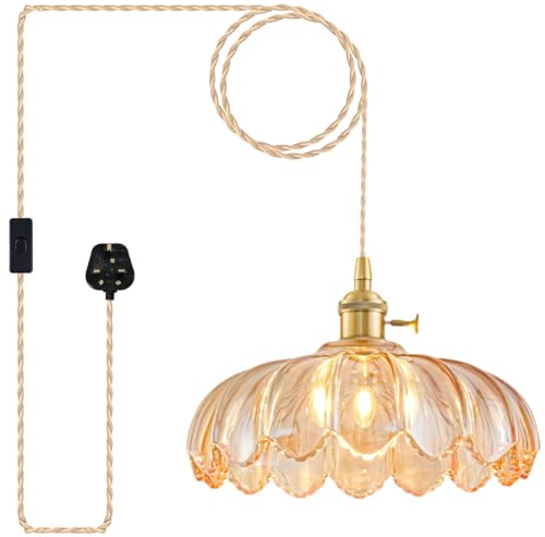 Image of Plug in Pendant Light Fixtures, Hanging Pendant Lights Glass Pendant Light, Vintage Amber Pendant Lighting, Pendant Lights for Kitchen, Bedroom, Dining Room, Living Room, Light Bulb Not Included