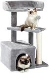 Made4Pets Cat Tree, Small Cat Tower for Indoor Cats with Cat Scratching Post & Stand from Natural Sisal / 2-Door Condo/Top Perch Bed/Spring Ball, Multi-Level Pet House for Kitten&Medium-Grey