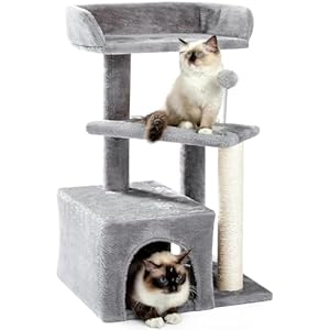 Made4Pets Cat Tree, Carpet Cat Tower Grey for Indoors Cats, Cute Wood Kitty Condo with Scratching Post and Pad, 29″ Multi-Level Modern Activity Climbing Furniture for Small and Medium Cats