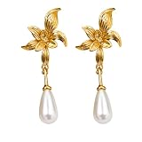 Cris Vida Valor Orecchini a fiore dorato con perle a goccia, placcati in oro 14 carati, design floreale elegante, 5,5 x 2,5 cm, leggeri 7 g, con confezione regalo premium