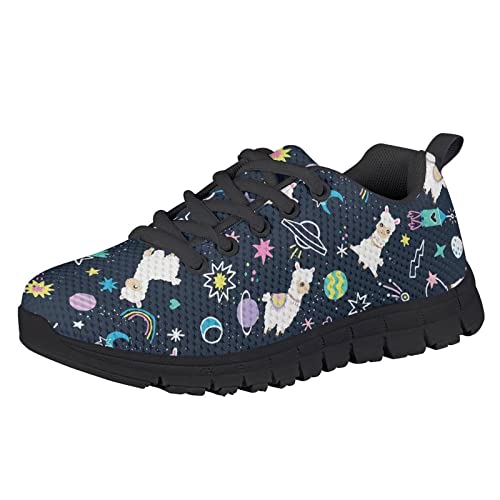 HUIACONG Girls Outdoor Sport Sneakers Alpaca Colorful Space Planet Boys Running Shoes Size 4 Little Kid Mesh Breathable Casual Trainers Children Lace-up Lightweight Comfor Athletic Footwear
