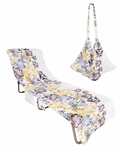 Blue Yellow Brown Botanical Beach Lounge Chair Towel Cover, Soft Chaise Lounge Towel with Side Pockets Patio Pool Chairs Cover for Beach/Pool Sunbathing 29x85 Pastoral Spring Floral Elegant