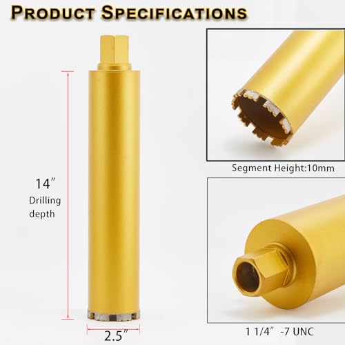 Image of 2 1 /2 Inch Wet Core Drill Bits, DaduoRi 2.5 inch Core Bit for Concrete, 14 inch Drilling Depth, 1-1 /4 inch-7 Thread Diamond Core Bit for Cured Concrete with Rebar, Hard Masonry, Brick Block, Stucco, Stone (63mm)