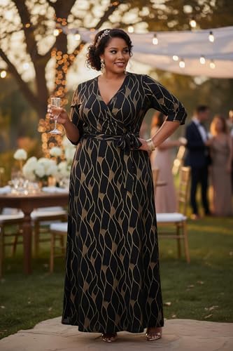 Image of Runwind Plus Size Dresses for Women Floral Maxi Dress Flowy 3 /4 Sleeve with Belt