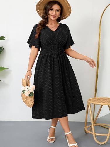 Image of RWJ Women's Plus Size Maxi Dress V Neck Short Sleeve Swiss Dot A Line High Waist Boho Swing Casual Summer Dresses