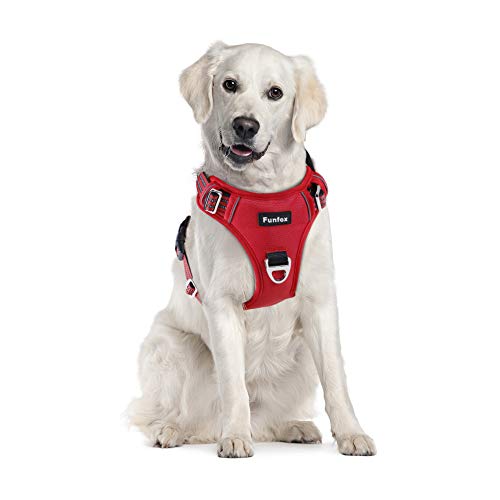 Funfox No Pull Dog Harness for Large Dogs, Adjustable Dog Vest Harness for Easy Walking with Reflective Strips, Front Clip Easy Control Large Breed Dog Stop Pulling Red