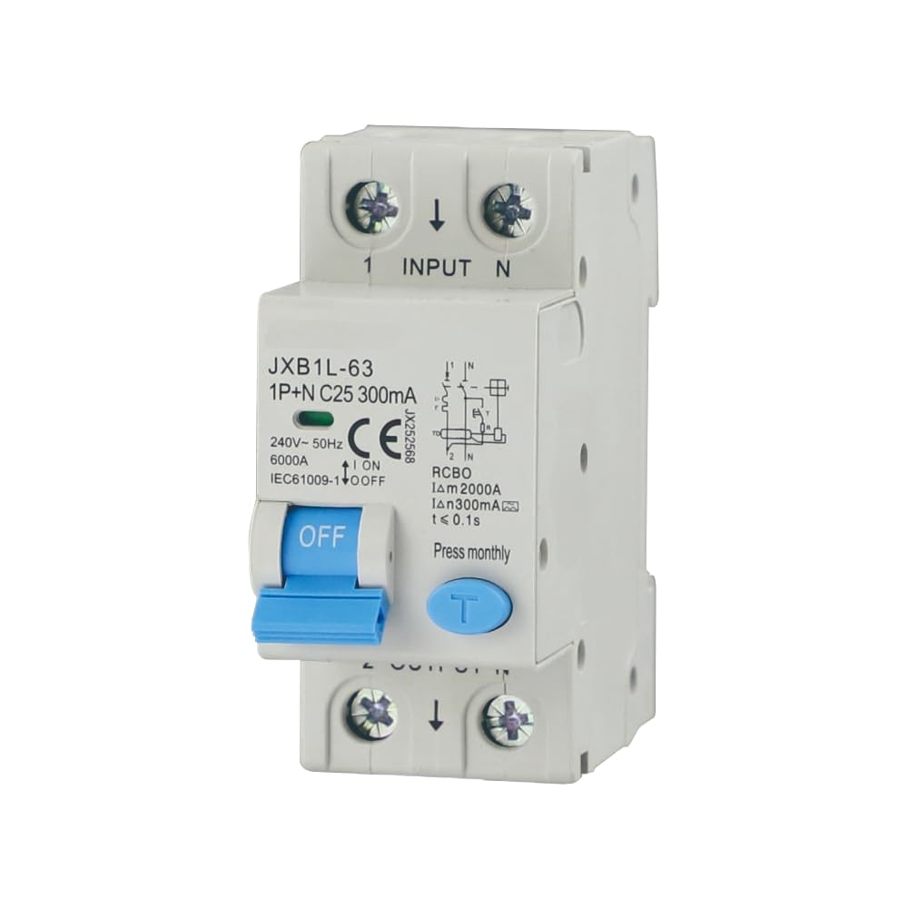 gloca Interruptor magnetotérmico diferencial 1P + N 300 mA 220 V 6 KA 2 módulos DIN Clase A (25 amperios)