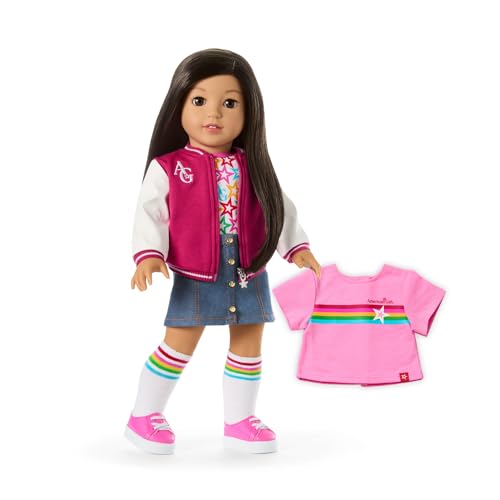 Image of Bundle of American Girl, Truly Me 18-inch Doll #124 with Brown Eyes, Straight Black-Brown Hair, Light-to-Medium Skin, Ages 6+ + Truly Me 18-inch Doll Outfit, Pink & Preppy Outfit, for Ages 6+
