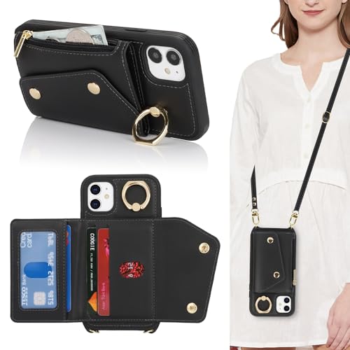 Lipvina for iPhone 11 Case with Card Holder and Strap - Zipper Pocket Crossbody Lanyard Strap Credit Card Holder Stand Ring Cute Phone Wallet Case for Women(Black 6.1 Inch)
