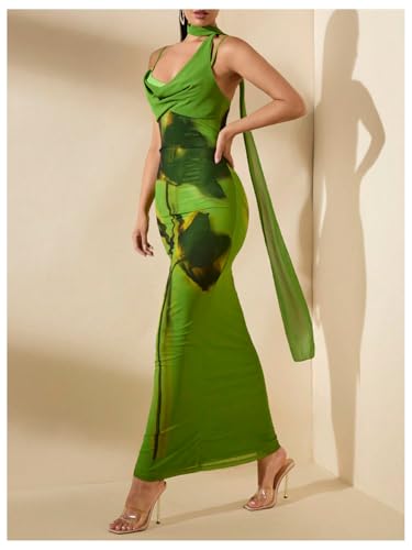Verdusa Women's Floral Print Bodycon Fishtail Long Dress Sleeveless Draped Neck Halter Dress with Scarf4