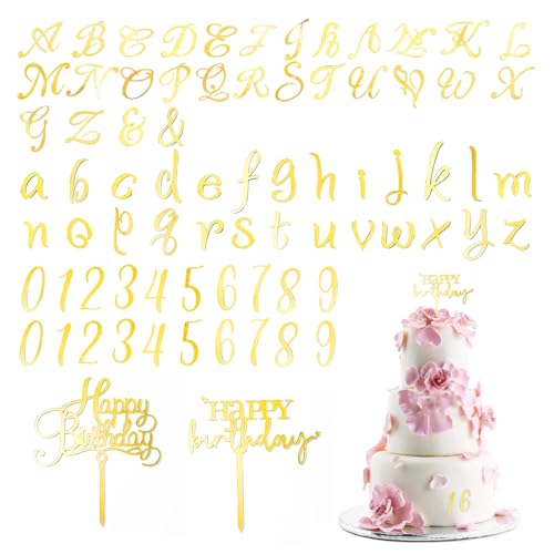 76Pcs Acrylic Number Letters Cake Topper, DIY Personalized Name Cake Toppers with A-Z Letter 0-9 Number, Mirrored gold Picks for Birthday Party Wedding Anniversary Decorations (gold)