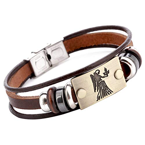 Image of Young & Forever Zodiac Sign Multi-Strand Genuine Leather Bracelet for Men & Boys - Adjustable Tribal Wristband with Antique Metal Charm