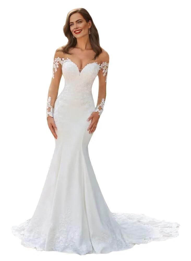 Mermaid Wedding Dresses for Bride Lace Beach Tulle Applique V-Neck Spaghetti Straps Boho Bridal Dress for Bride with Train