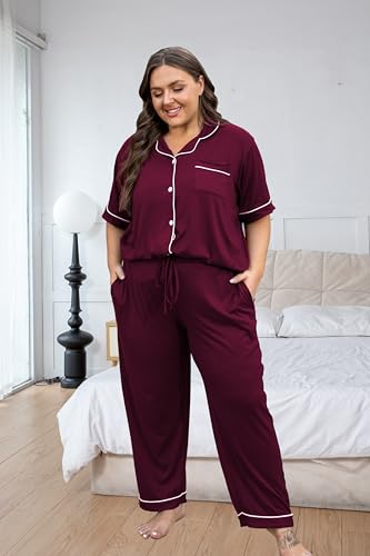 Image of Vozanet Women's Plus Size Pajamas Button Down Shirt and Pants Soft Lounge Sets Bride Nighty Bottom with Pockets 1x to 5x