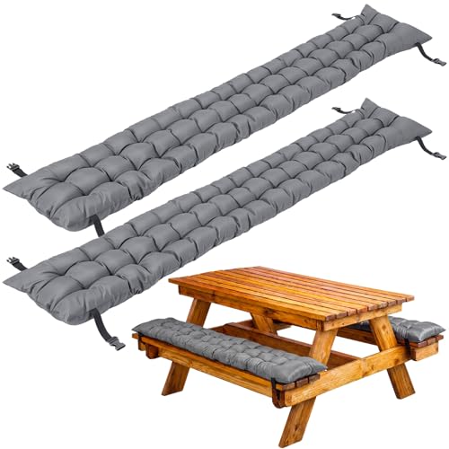 BreezeHug 2 Pcs Picnic Bench Cushion 6 Waterproof Outdoor Picnic Table Seat Cushion with Durable Straps and Buckles 72 (6ft) x 10 x 3 Tufted Fade Resistant Folding & Easy to Carry (Dark Gray)