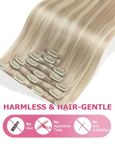 Image of YoungSee Blonde Clip Hair Extensions Highlight Dirty Blonde Mix Bleach Blond Human Hair Extensions Clip ins Short Straight Human Hair Clip in Extensions 12In 7Pcs 85G