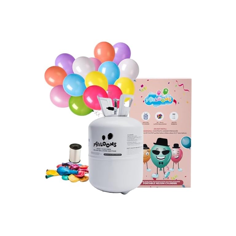Airloons Helium Balloon Kit with 7.5 Cu Ft Tank – Includes 30 Multicolor 9 inch Latex Balloons, Ribbon & Easy to Fill Nozzle – Easy Setup for Birthdays, Weddings, Baby Showers, DIY Party Décor