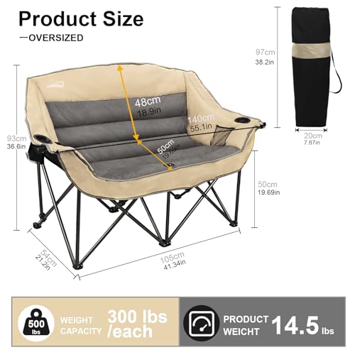 Double Folding Camping Chair Fully Padded Loveseat Camping Couch Oversized 2 Person Lawn Chair Sofa w/Cup Holder,Wine Glass Holder,Mesh Storage for Patio Picnic Beach,Support 600lbs,Beige miniatura 3