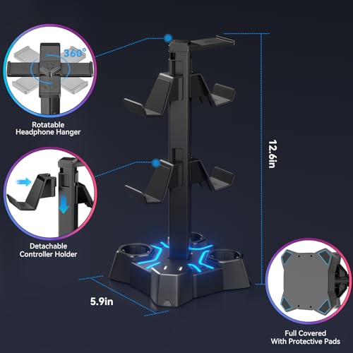 KDD Soporte Auriculares Gaming LED con Cargador USB, Soporte Mando PS5 & Soporte Cascos con 2 Puertos USB & 3 Enchufes UE, Porta Auriculares Mesa y Mando para Escritorio Gamer Accesorios Gaming PC - imagen 7