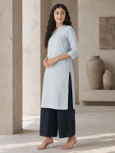 Image of SAADAA Women Airy Linen Long Kurta | Mandarin Collar 3 /4th Sleeve Kurta | Regular Fit Ethnic Wear for Women | Casual, Festive & Office Wear