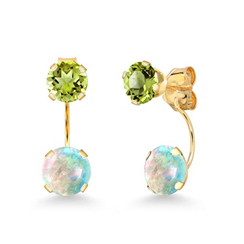 Gem Stone King 14K Yellow Gold White Opal and Green Peridot Dual Drop 2 Stone Round Earrings for Women (3.10 Cttw, Gemstone Birthstone, Round 6MM and 5MM)