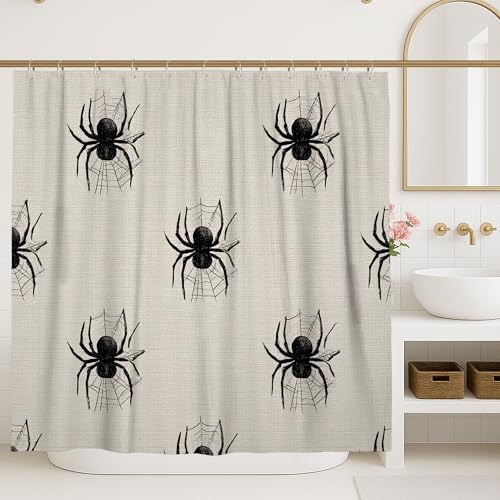 Tenda da doccia a forma di ragno, colore nero e crema, decorazione per il bagno di Halloween, stile rustico moderno, tenda da doccia in tessuto impermeabile con ganci, 183 x 183