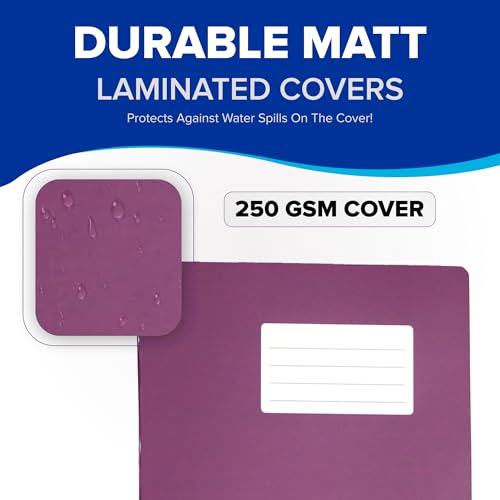 Durabook Caderno de exercícios A4 de 8 mm F & M, cor roxa, embalagem de 10, 80 páginas, tampa impermeável, laminado mate durável, caderno listrado e margem, papel A4, material doméstico