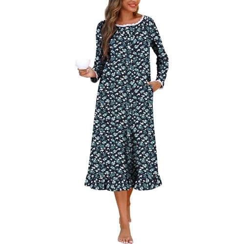 Marvmys Womens Cotton Long Sleeve Nightgown Long Sleepshirts Lace Trim Victorian Sleepwear with Pockets Navy Floral Large