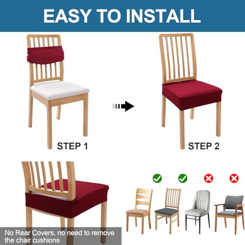 Image of Smiry Waterproof Seat Covers for Dining Room Chairs, No Rear Covers | Stretch Jacquard Removable Washable Chair Seat Slipcovers Protector, Set of 2, Wine Red