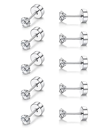 MILACOLATO Piercing Titanio para Mujer Niñas 5Pairs G23 Pendientes de Titanio para Oreja Piercing Diamante Simulado Pernos Hipoalergénicos 20G Flat Back Piercing Sleeper Cartílago Pendiente Set