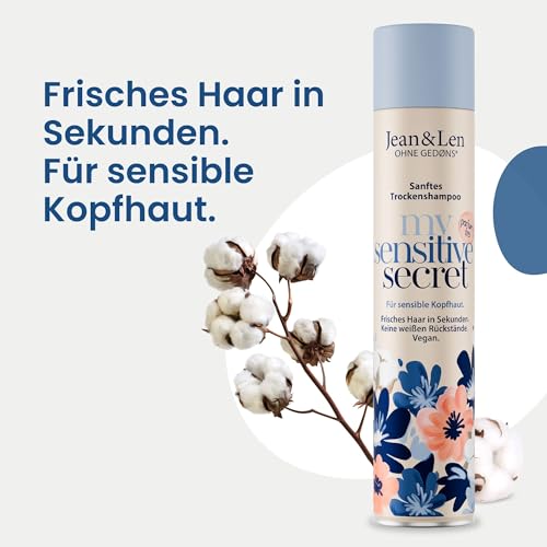 Jean & Len Trockenshampoo my sensitive secret, für sensible Kopfhaut, mit Baumwoll-Extrakt & Panthenol, hilft bei fettigen Haaransätzen, keine weißen Rückstände, Parfumfrei, 200 ml
