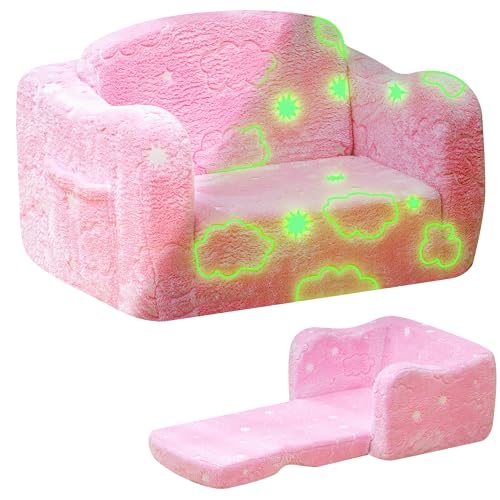 Lamerge 2-in-1 Toddler Couch,Glow in The Dark Baby Floor Bed,Foldable Toddler Chair Kids Sofa for playroom,Convertible Sofa to Lounger for Girls and Boys (Pink and Clouds)