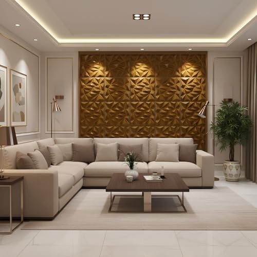 Image of Kayra Decor 3D PVC Wall Panels - Diamond Design, Brushed Gold Color, 19.7 inch x 19.7 inch (Pack of 12) | Covers 32.28 Sq. Ft. |