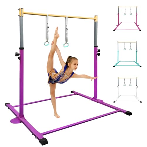 HomeSun Gymnastikstange für Kinder Robuste Kip Bar mit Ringen horizontale Turnreck für Heimtraining Höhenverstellbar 90-150cm Trainingsgerät bis 100 kg Alter 3-15 (Reck, Purple)