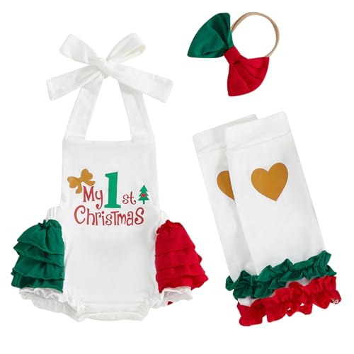 luethbiezx Baby Girls My First Christmas Outfit Sleeveless Halter Backless Ruffle Romper Leg Warmers with Headband