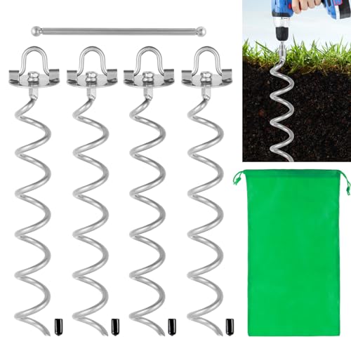 MIXXIDEA 17.5 Inch Gound Anchors Screw in, Metal Spiral Earth Anchors Kit, Heavy Duty Folding Ring Spiral Stake with Straps, Ground Stakes for Tent Trampolines, Sheds, Swings (Silver, 17.5 Inch)