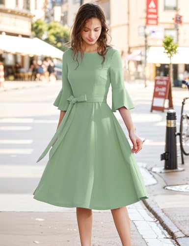 Image of HomRain Women's Church Dresses Modest Bell Sleeve Wedding Guest Cocktail Tea Party Vintage Evening Dress