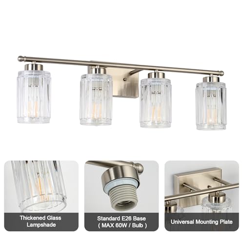 Image of 4 Light Bathroom Light Fixtures Modern Brushed Nickel 28 Inch Vanity Lights for Bathroom Lighting Fixtures Over Mirror with Thickened Glass Shade for Cabinet Mirror Bedroom Hallway