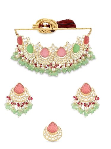 Juego de joyas Kundan DMZ-2289 chapado en oro, el regalo ideal de lat&oacute;n con cuentas