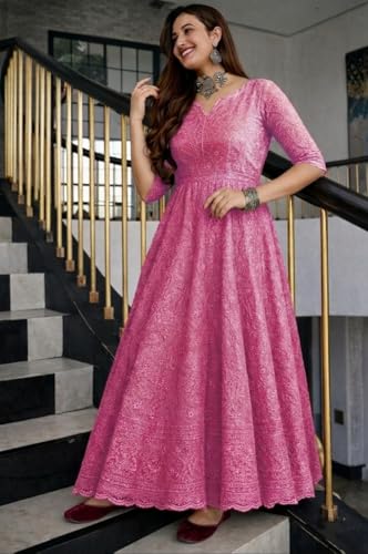 Image of LookMark Women's Chikankari Embroidered Ethnic Gown, Ankle Length Flared Dress, 3 /4 Sleeves, Traditional Indian Wear