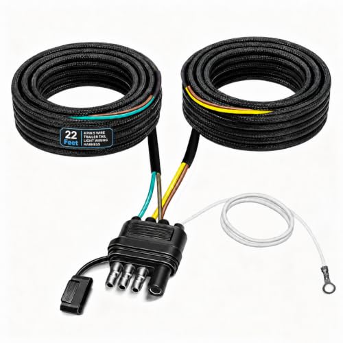22Ft Trailer Wiring Harness kit 4 pin Boat Trailer Wiring kit 4 Pin 5 Wire Trailer Wiring Harness for Connection of Tail Lights Brake Lights and Turn Signals