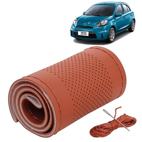 Image of KINGSWAY PU Leatherite Car Steering Cover Sewable Compatible with Nissan Micra Active (Year 2010 Onwards), Tan Color with Tan Thread, Pack of 1 with Sewing Needle and Thread