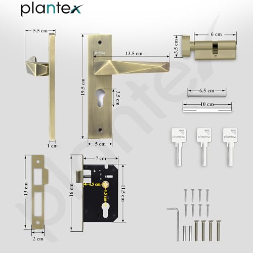 Image of Plantex Heavy-Duty Door Lock Handle Set / 6-Lever Lock Mechanism with 3 Years of Warranty /Mortise Lock with 3 Keys, Brass Lock Body & Cylinder - (8129-Brass Antique)