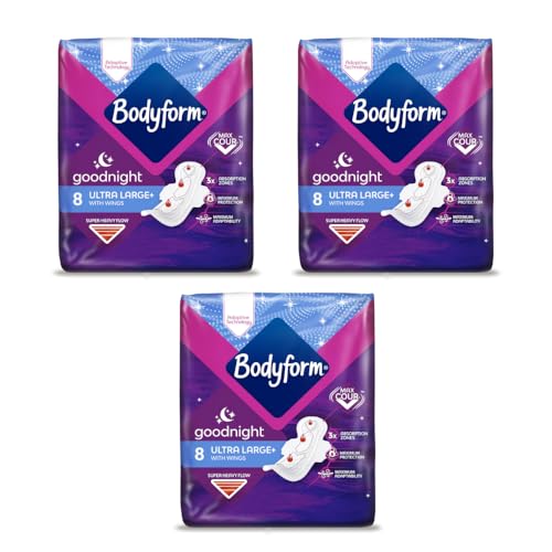Bodyform Ultra Goodnight Sanitary Towels with Wings, 24 (8 x 3 Pads) Period Pads for Night use, Super Heavy Flow, Cour-V Ultra Night (Pack of 3)