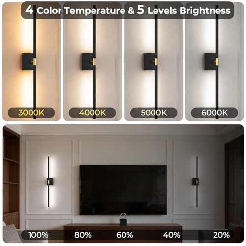 Image of Battery Operated Wall Sconce Set of 2, 10000mAh 4CCT Dimmable, Black | Remote & Touch Control, 4CCT Dimmable, 360 Rotate, Rechargeable Wall Lights for Bedroom Living Room Hallway 31.5inch