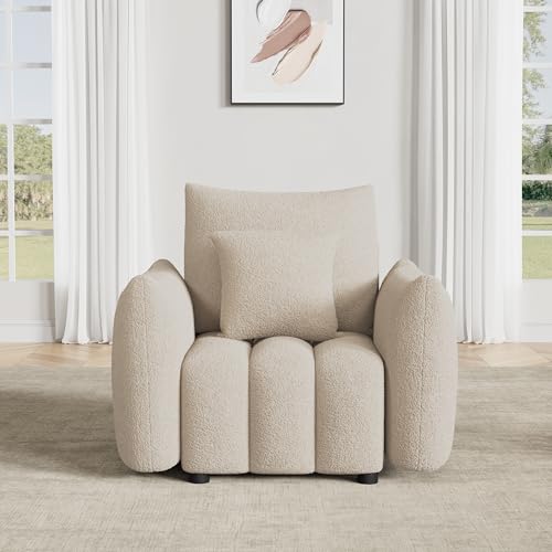 Image of OUYESSIR 38 inch Modern Accent Single Sofa Chair, Comfy Deep Seat Teddy Living Room Chair, Leisure Boucle Reading Sofa Arm Chair for Bedroom, Office, Apartment, Light Brown