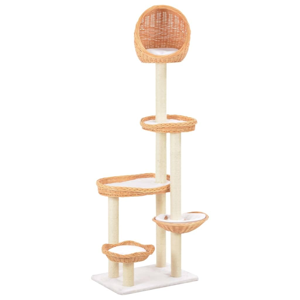 Tiragraffi per gatti in vimini naturale con colonne in sisal, altezza 172 cm, 5 cestini e cuscini rimovibili, per l'arrampicata, la cura degli artigli e la tranquillità in salotto