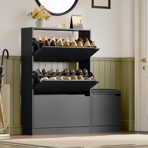 Image of BORNOON Shoe Cabinet with Bench and 3 Flip Drawers, Slim Narrow Shoe Storage Cabinet, Freestanding Shoe Rack Organizer with Adjustable & Removable Shelves, Anti-Tip for Entryway, Hallway, Foyer