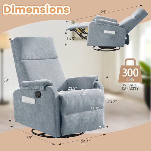 Image of Korser Swivel Rocking Recliner with Massage, Small Glider Chair for Nursery, Modern-Designed Armrests Chair for Adults Living Room, Chenille, Blue